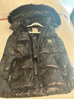 Moncler Shiny Black Quilted Vest w/ Detachable faux fur hood